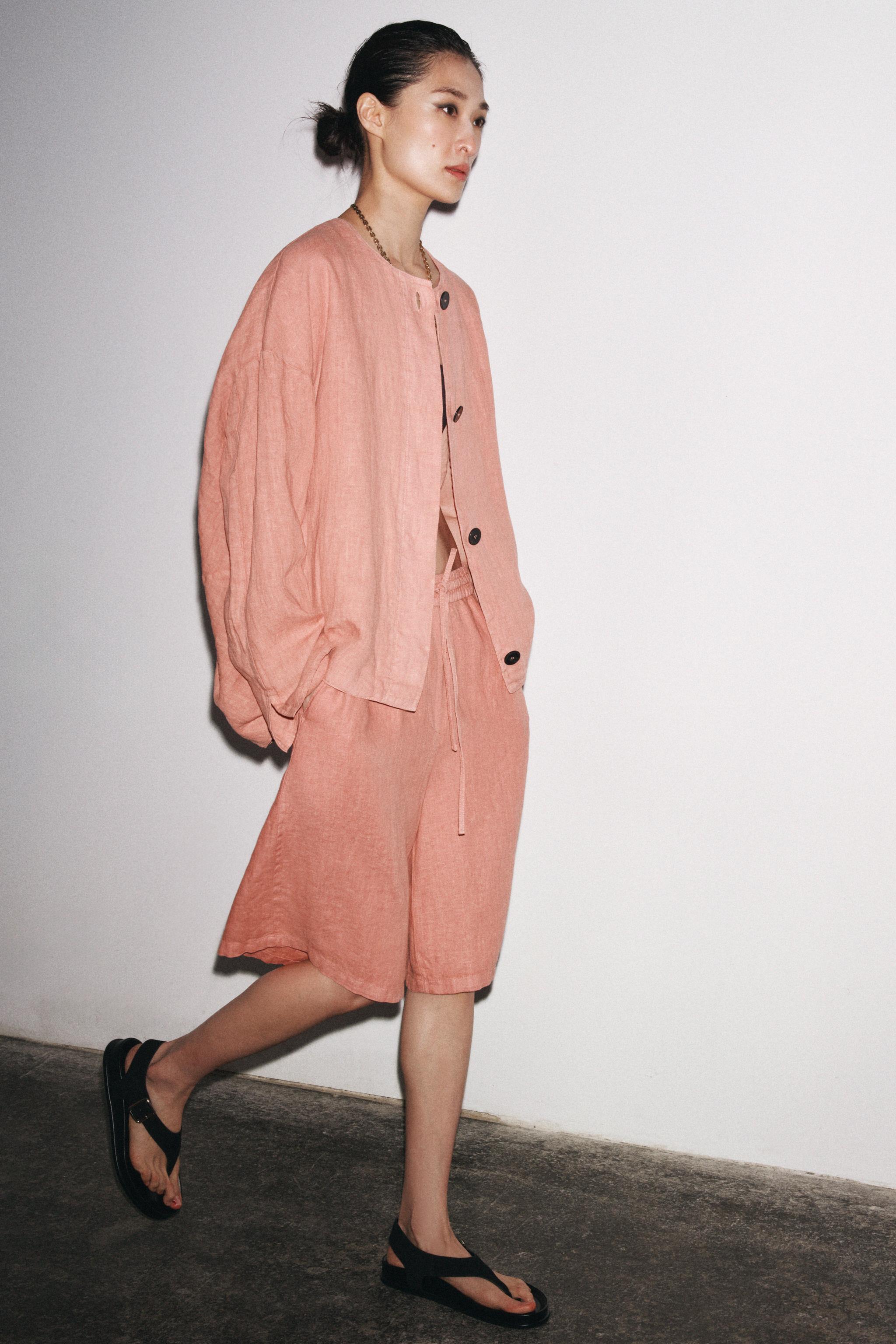 Zw Collection 100% Linen Long Bermuda Shorts