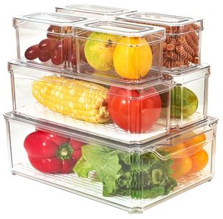 Cozihom Stackable Refrigerator Organizer Bins With Lids, Fridge Organization and Storage Clear Containers, Bpa-Free Plastic Pantry Bins for Fruits, Vegetable, Food, Drinks, With Drain Tray, Set of 7