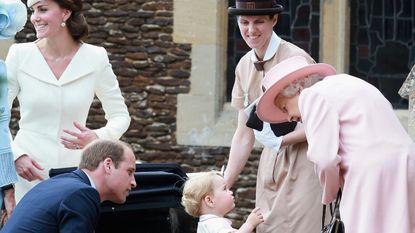 Prince William, Kate Middleton and the Queen with the Norland Nanny and Prince George and Charlotte