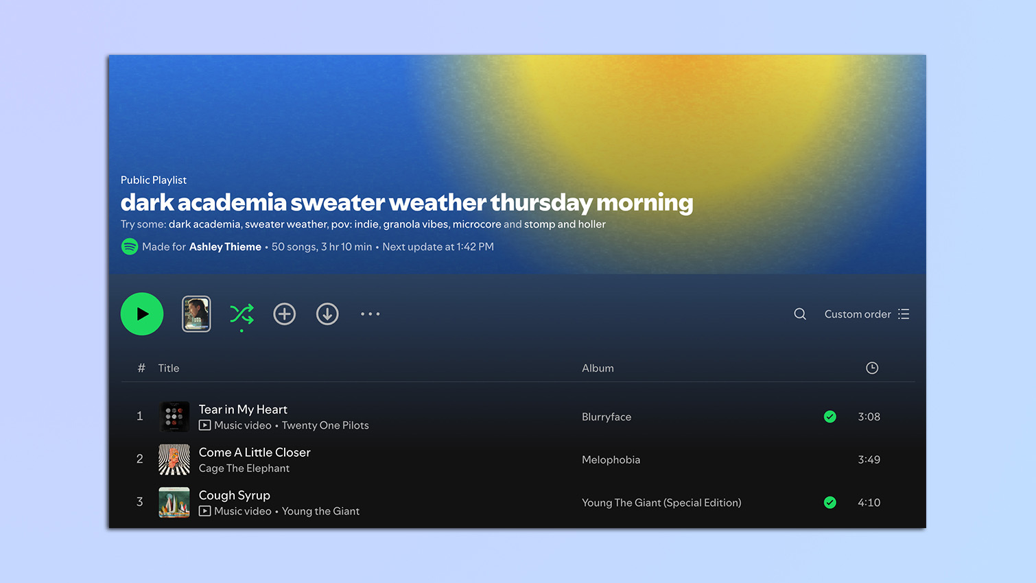 Screenshots taken from the Spotify app of the Daylist feature titles and songs.
