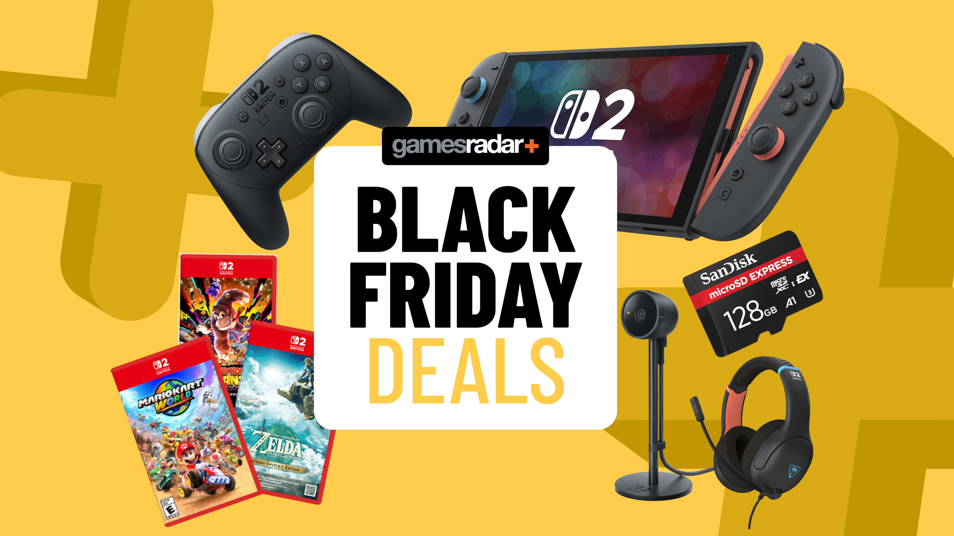 Nintendo Switch 2 console, games, and accessories on a yellow background with Black Friday deals badge