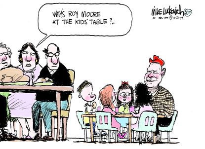 Political cartoon U.S. Thanksgiving Roy Moore kids
