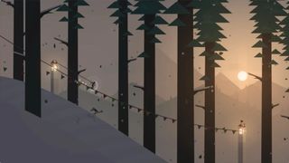 Snowboarding through a forest in Alto's Adventure - Remastered