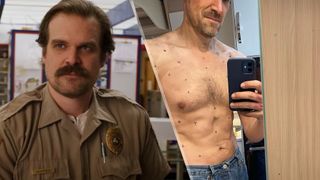 A photo of David Harbour as Jim Hopper in Stranger Things, and in an Instagram post