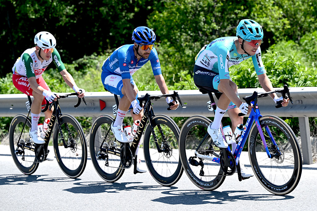 SOFIA, BULGARIA - MAY 10: (L-R) Alessandro Tonelli of Italy, Diego Pablo Sevilla of Spain and Team Polti VisitMalta - Blue Mountain Jersey and Manuele Tarozzi of Italy and Team Bardiani CSF 7 Saber compete in the breakaway during the 109th Giro d&amp;amp;apos;Italia 2026, Stage 3 a 175km stage from Plovdiv to Sofia / #UCIWT / on May 10, 2026 in Sofia, Bulgaria. (Photo by Dario Belingheri/Getty Images)