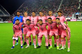 Inter Miami FC starting line up Goalie Drake Callender (1), DeAndre Yedlin (2), Tomas Aviles (6), Nicolas Freire (21), Jordi Alba (18), David Ruiz (41), Yannick Bright (42), Julian Gressel (24), Luis Suarez (9), Diego Gomez (20) and Captain Lionel Messi (10) poses before the preseason match between Inter Miami CF vs Newell's Old Boys on February 15, 2024 at DRV PNK Stadium in Fort Lauderdale, Florida