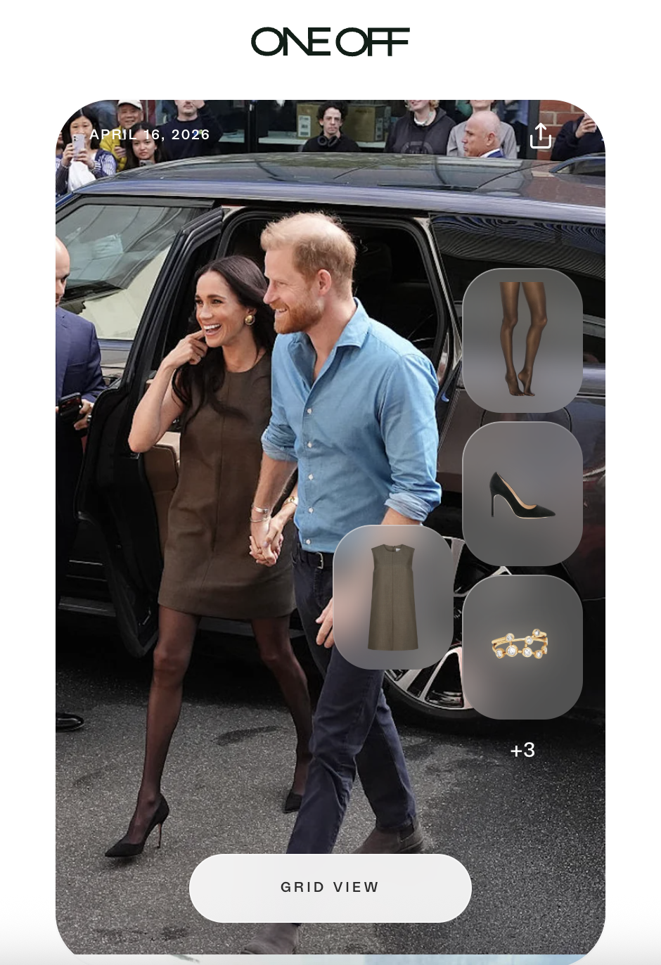 Meghan Markle and Prince Harry holding hands walking in front of a car with photos of her outfits in bubbles next to them