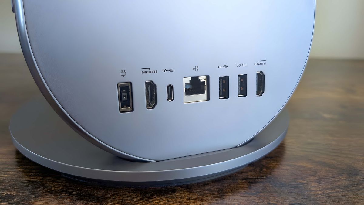 A closeup of the Lenovo Yoga AIO 27"'s back ports, which include the power port, two HDMI ports, a USB-C port, an RJ45 port, and two USB-A ports.