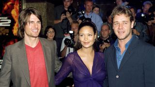 tom cruise, russell crowe thandie newton attend the missionimpossible 2 premiere in londons west end photo by justin goff\uk press via getty images