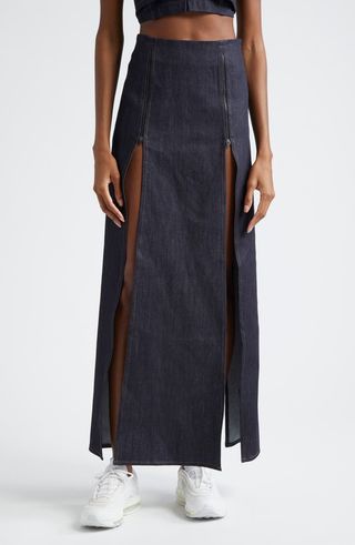 Paneled Zip Front Denim Maxi Sirt