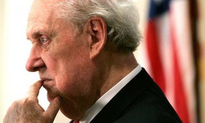 Robert Bork listens during a Senate panel discussion in 2005