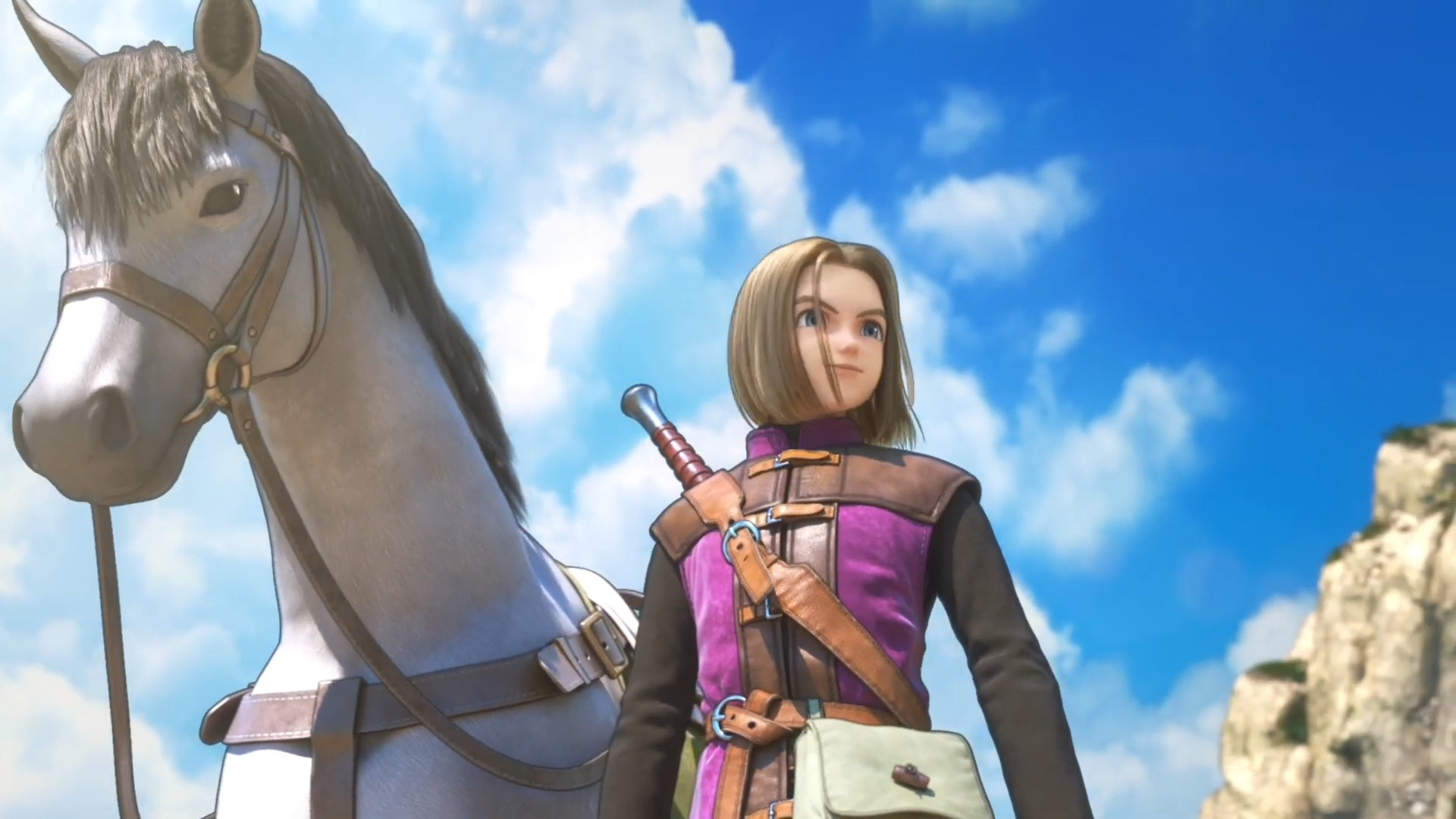 A man standing next to a horse during one of the best relaxing RPGs ever made, Dragon Quest 11 S