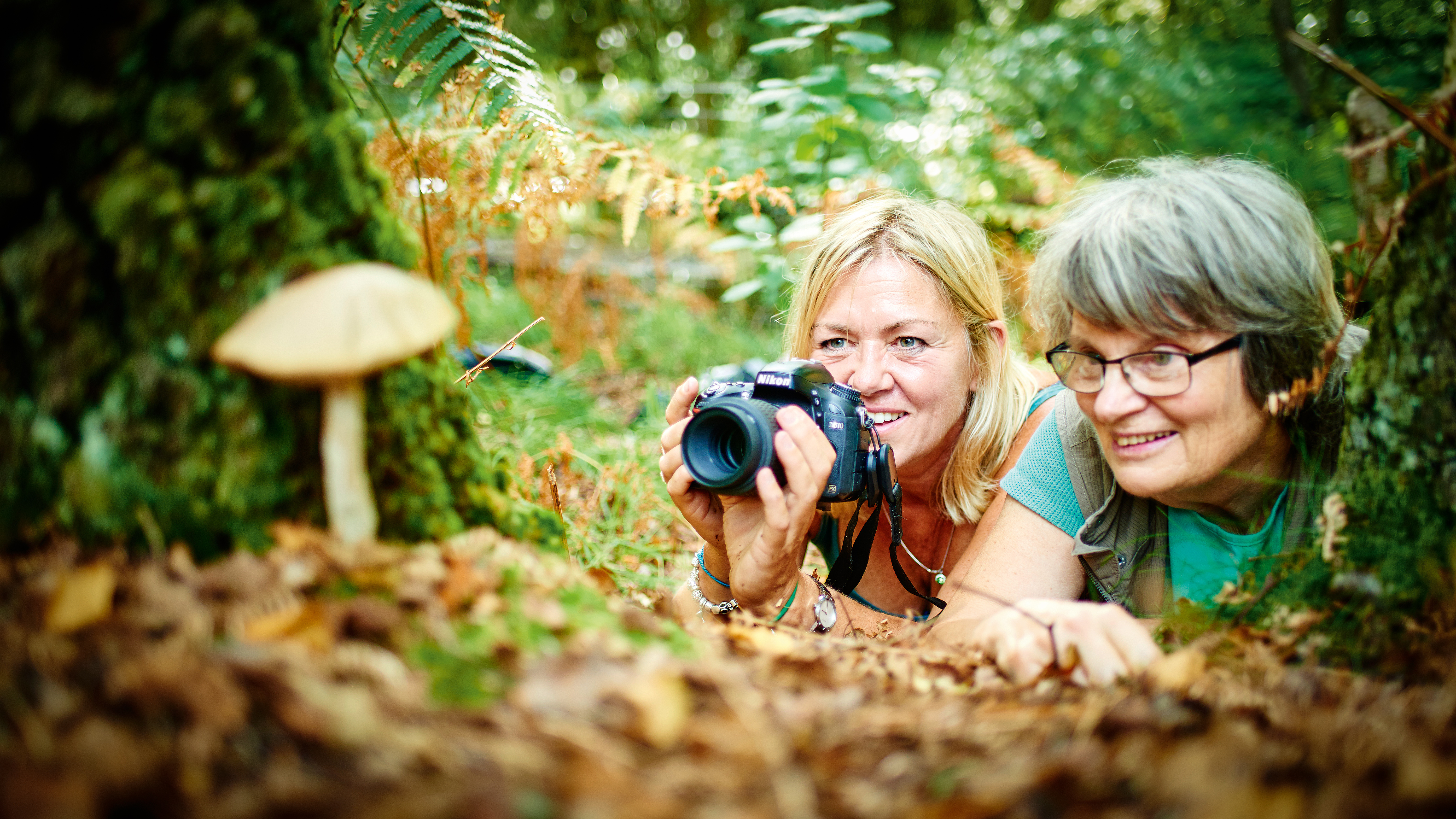 Two female photographers, lying prone, taking a photograph of a mushroom in the woods