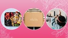 food box, woman holding cardboard box and woman doing virtual yoga on pink background 