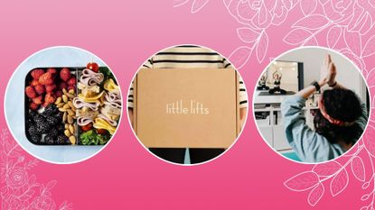 food box, woman holding cardboard box and woman doing virtual yoga on pink background 