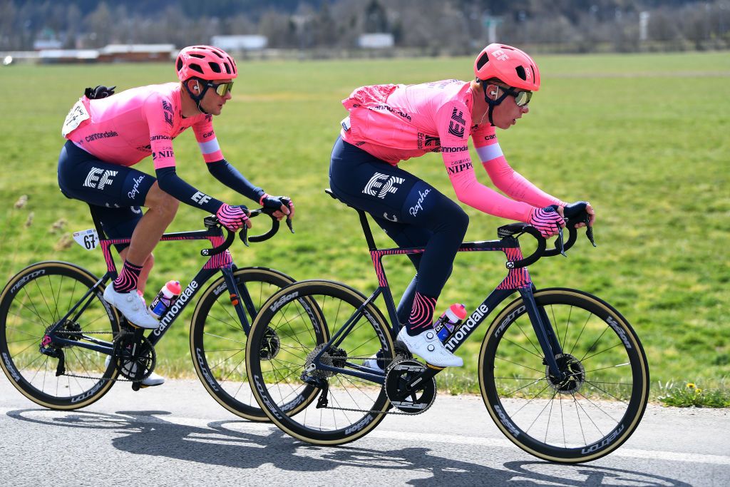 INNSBRUCK AUSTRIA APRIL 19 Tejay Van Garderen of United States Hugh Carthy of United Kingdom and Team EF Education Nippo during the 44th Tour of the Alps 2021 Stage 1 a 1406km stage from Brixen to Innsbruck TourofTheAlps TouroftheAlps on April 19 2021 in Innsbruck Austria Photo by Tim de WaeleGetty Images