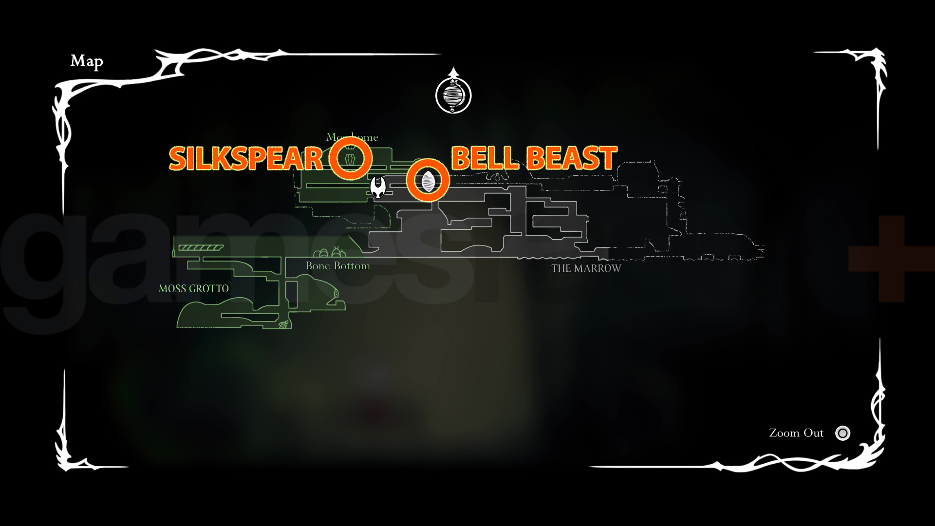 Map location of the Hollow Knight Silksong Bell Beast and the Silkspear to free it