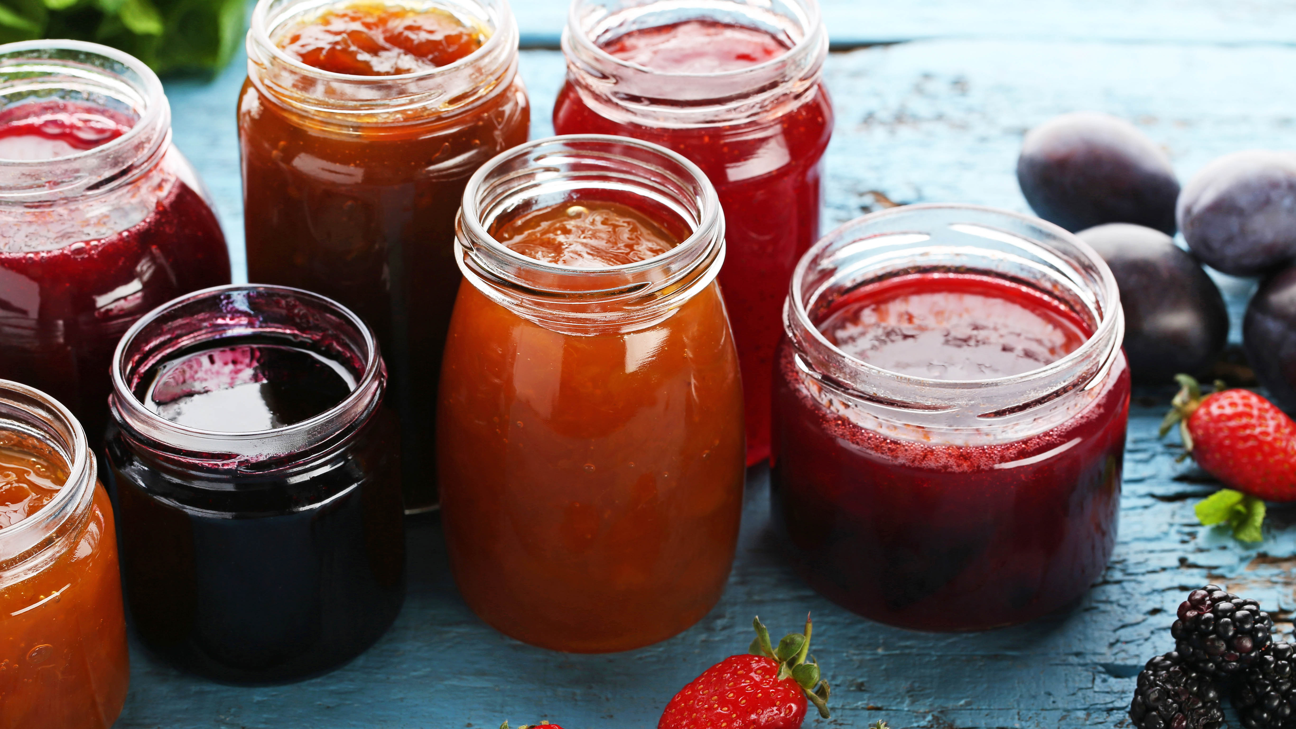 Variety of jams in glass jars
