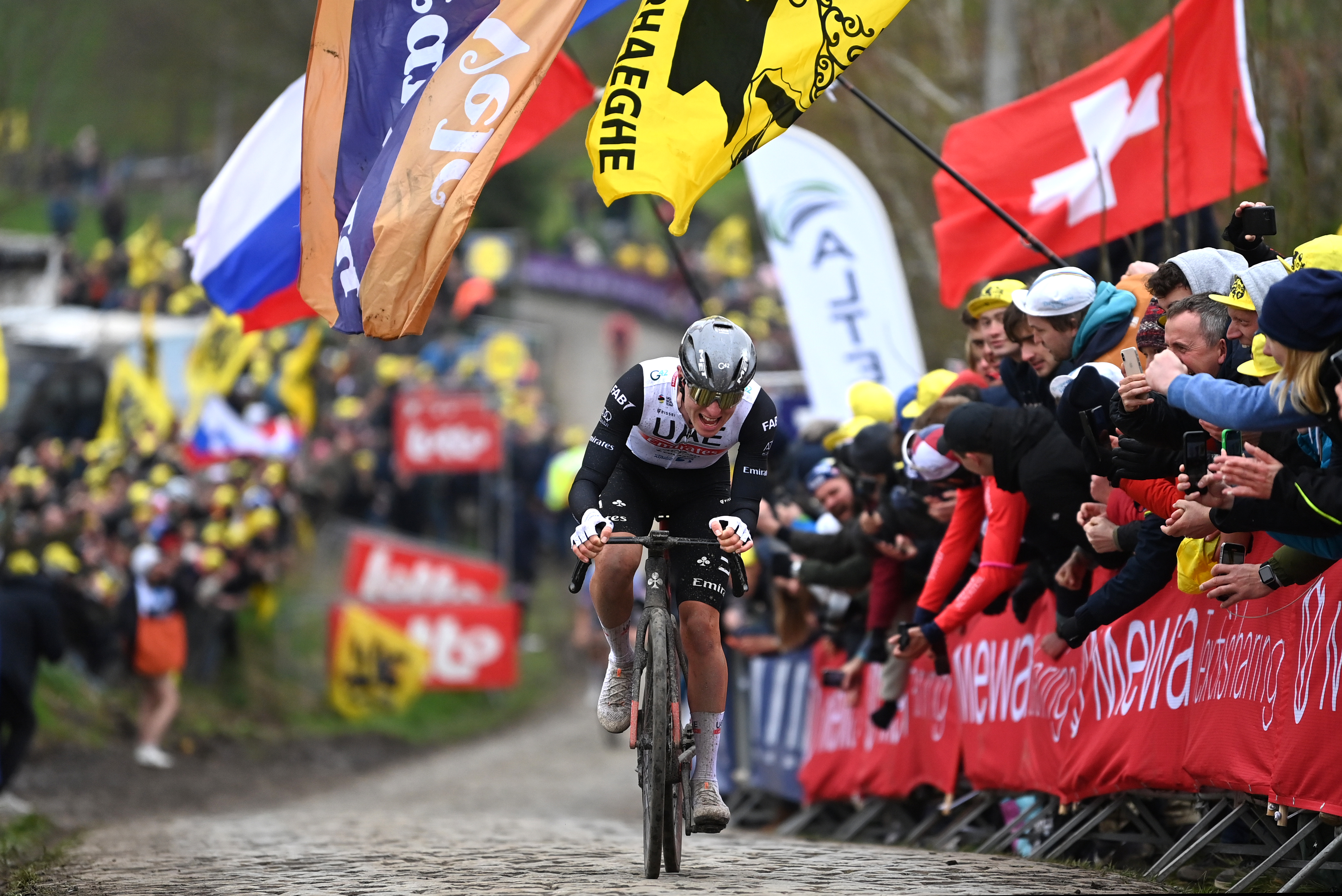 OUDENAARDE, BELGIUM - APRIL 02: Tadej Pogacar of Slovenia and UAE Team Emirates competes at Paterberg cobblestones sector during the 107th Ronde van Vlaanderen - Tour des Flandres 2023, Men&amp;amp;apos;s Elite a 273.4km one day race from Brugge to Oudenaarde / #UCIWT / on April 02, 2023 in Brugge, Belgium. (Photo by Tim de Waele/Getty Images)