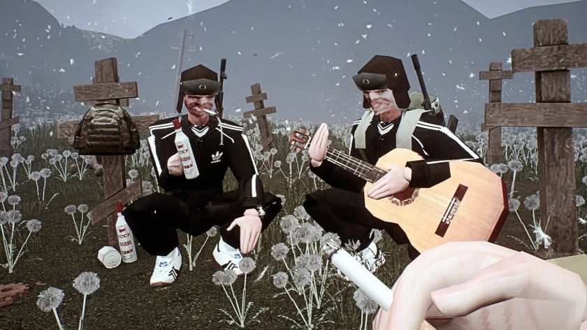 A screenshot from Misery showing two men in tracksuits drinking vodka and playing guitar