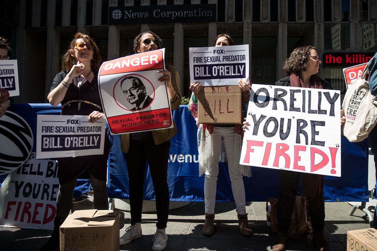 Demonstrators outside of the Fox News headquarters