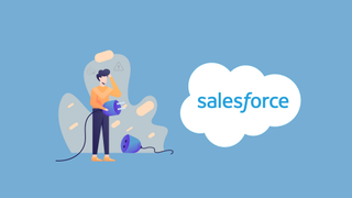 Salesforce logo next to a cartoon man with a large blue plug and socket, and cloud background