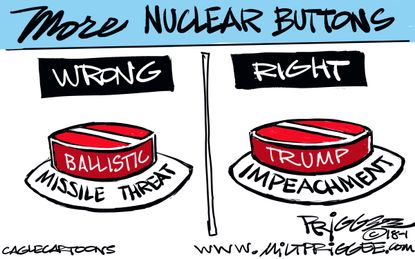 Political cartoon U.S. Hawaii false alarm nuclear missiles Trump impeachment