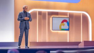 Google Cloud CEO Thomas Kurian pictured on stage during the Google Cloud Next 2024 keynote presentation.