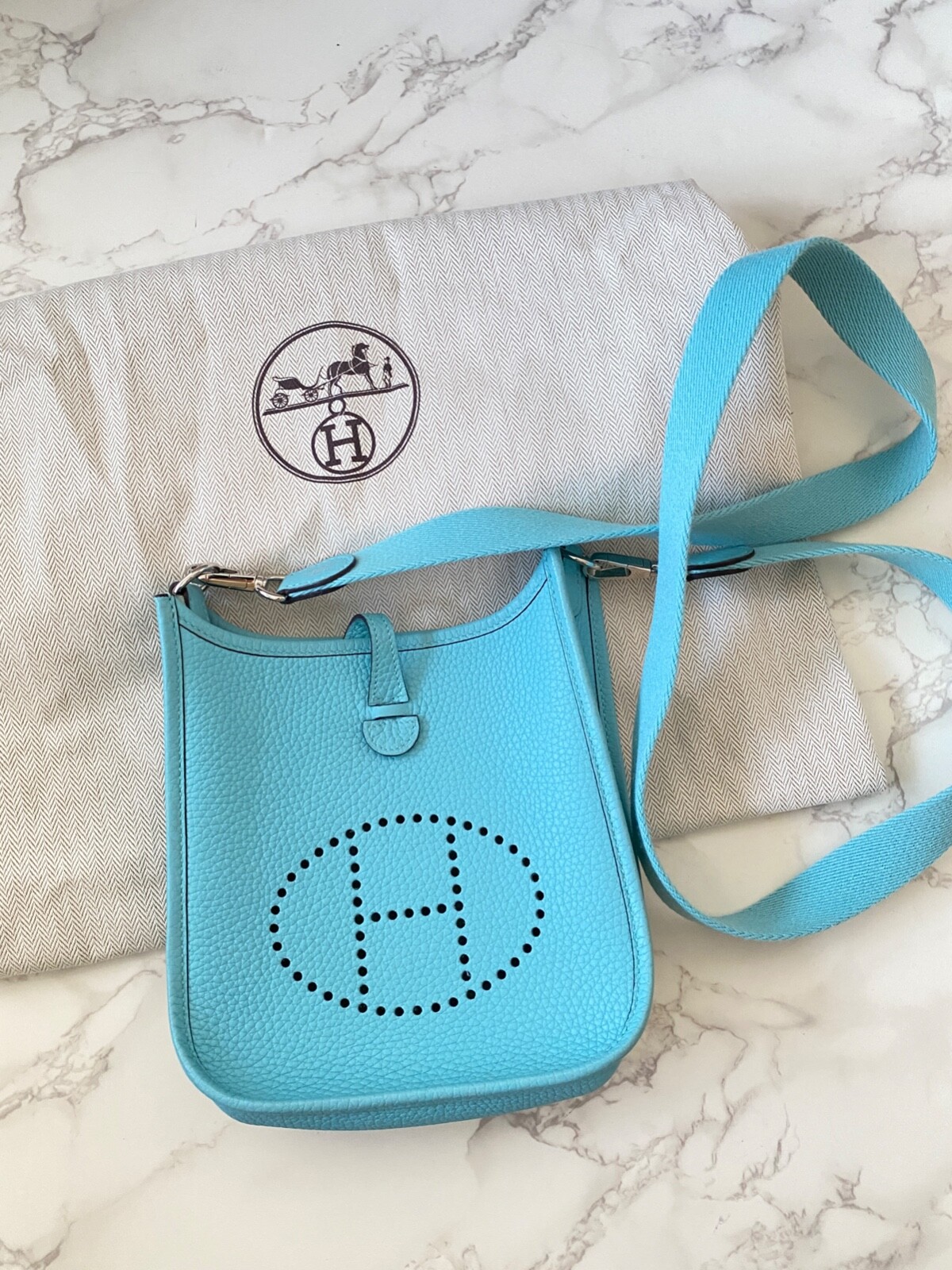 Pre-Owned Authentic Hermes Mini Evelyne Bag Handbag Bags 3p Blue Atoll Clemence