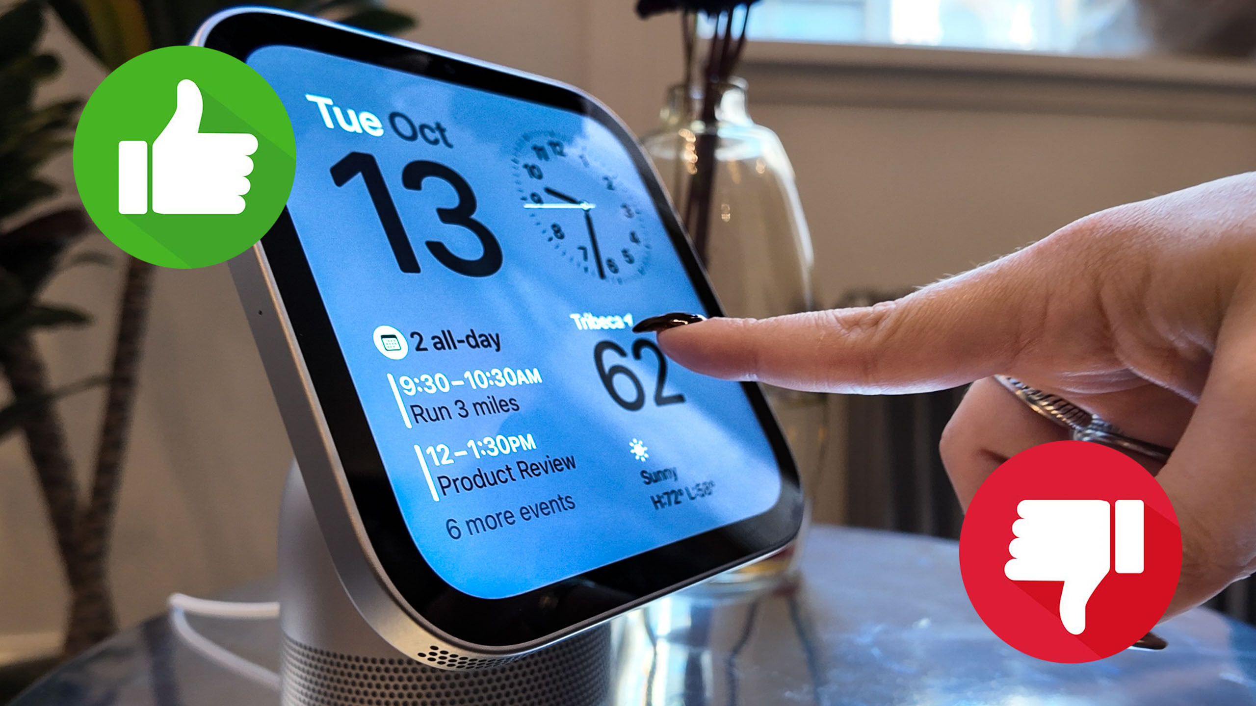 A person interacting with Apple's HomeView smart display with a thumbs up and thumbs down for buy or skip