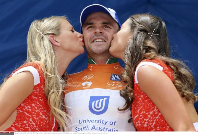 Jack Bobridge (UniSA) receiving kisses on the podium