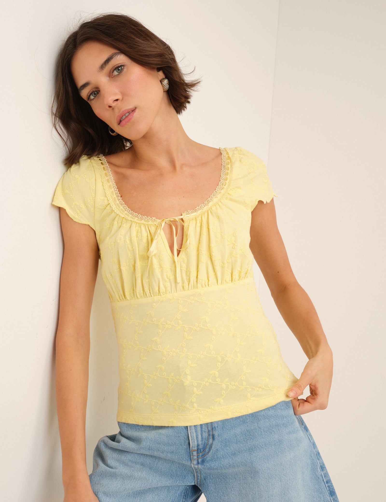 Yellow Broderie Milkmaid Jersey Top
