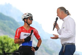 SAINT-JEAN-DE-MAURIENNE, FRANCE - JULY 03: Dylan Groenewegen of Netherlands and Team Jayco AlUla prior to the 111th Tour de France 2024, Stage 5 a 177.4km stage from Saint-Jean-de-Maurienne to Saint Vulbas / #UCIWT / on July 03, 2024 in Saint-Jean-de-Maurienne, France. (Photo by Dario Belingheri/Getty Images)