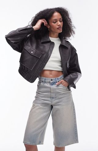 Short faux leather bomber jacket