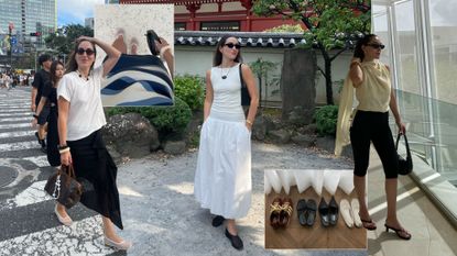 a collage of images featuring Anna LaPlaca wearing travel-friendly outfit staples while on vacation