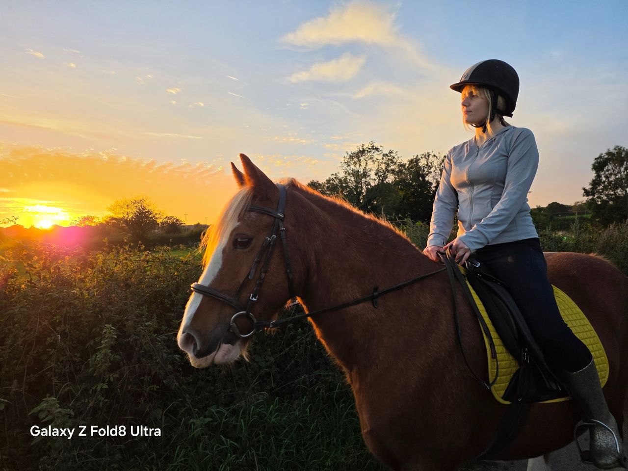 Horse rider on a chestnut horse silhouetted against a vivid orange sunset over the countryside.