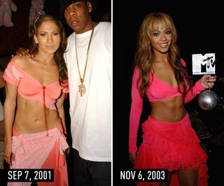 J.Lo (2001) & Beyonce (2003) in deep-V pink crop top with a matching miniskirt