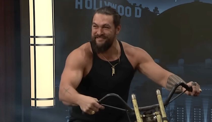Jason Momoa riding onto Jimmy Kimmel Live set on a motorcycle