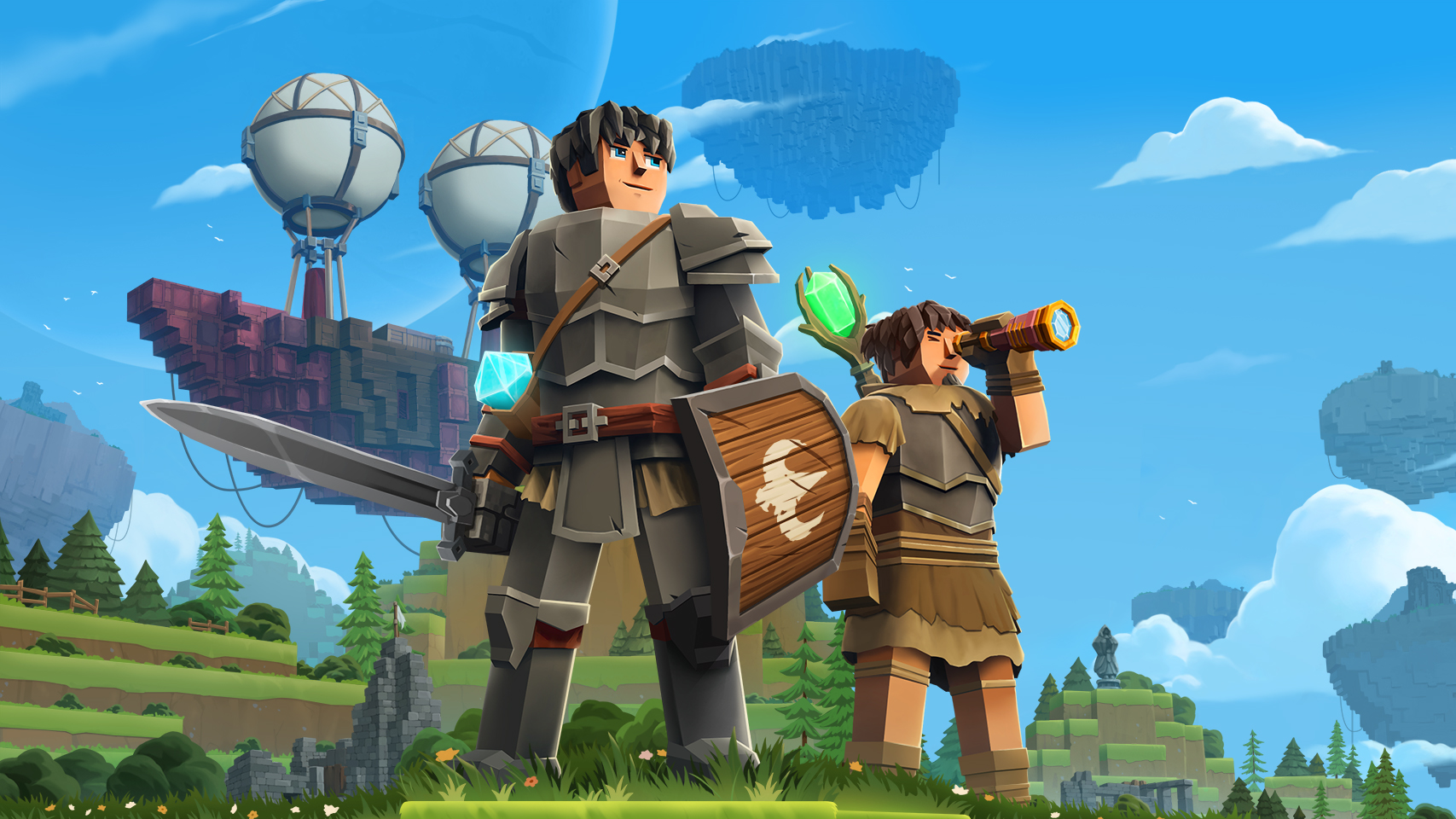 Heroes looking over a landscape with an airship behind them