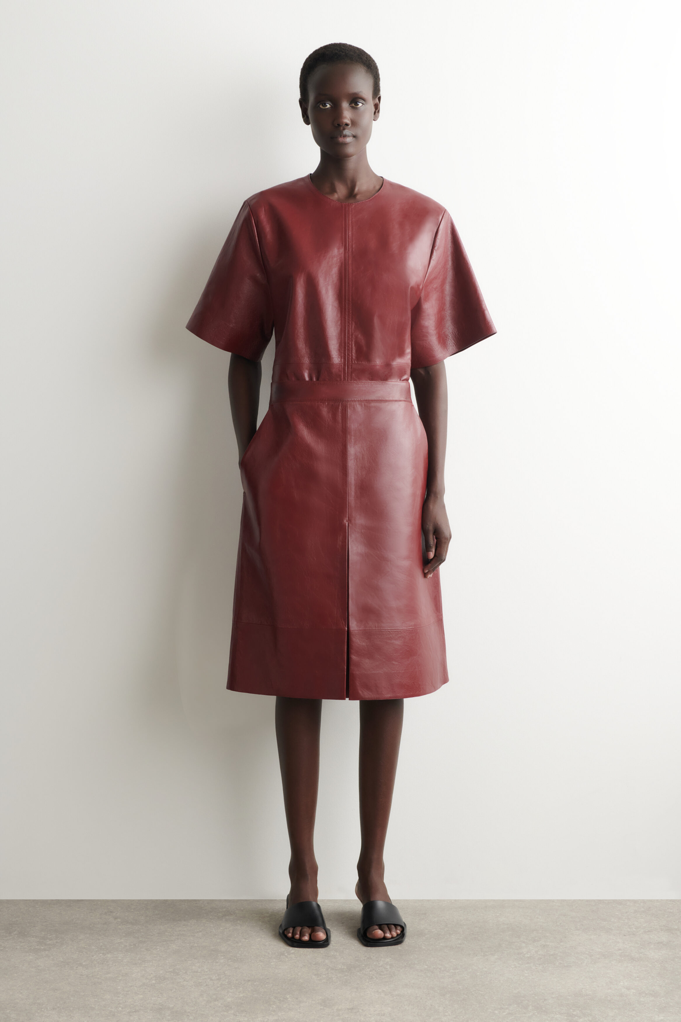 Pleated Textured-Leather Midi Skirt