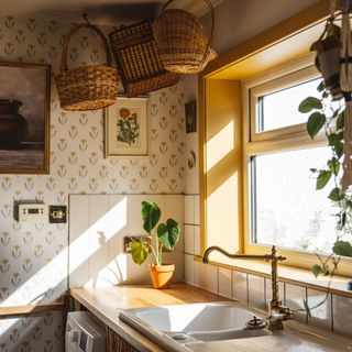 Country kitchen with hanging baskets, yellow window and wallpaper.