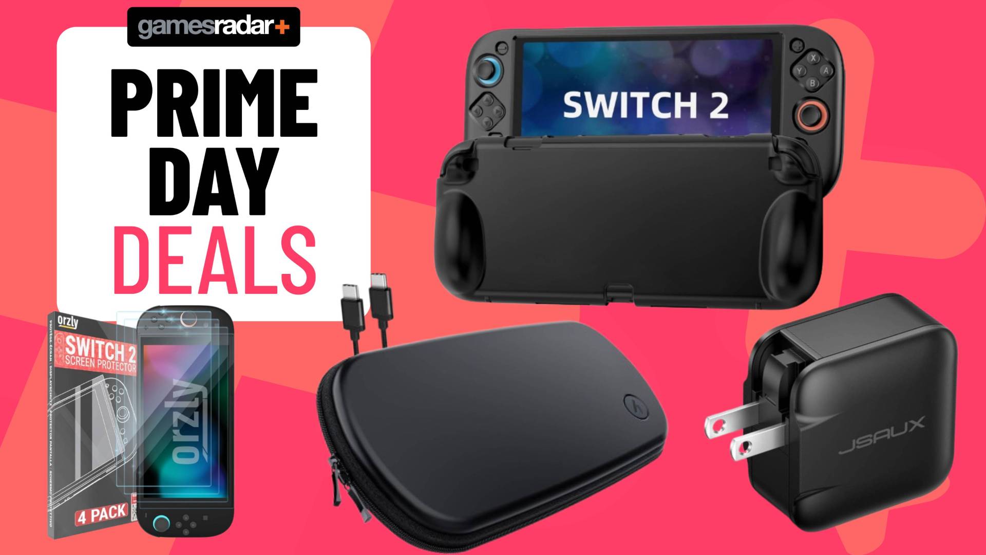 A series of Switch 2 accessories sitting on a pink GamesRadar background.