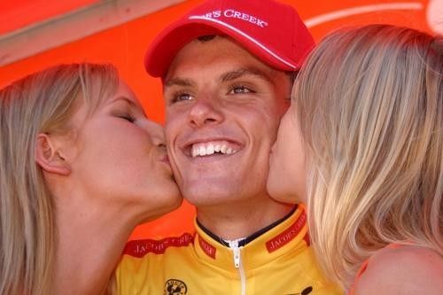 Sprint winner Cesar Fonte, points winner Tyler Farrar, mountains winner Ricardo Mestre, Portugal's Tiago Machado, Tejay Van Garderen and Tony Martin.