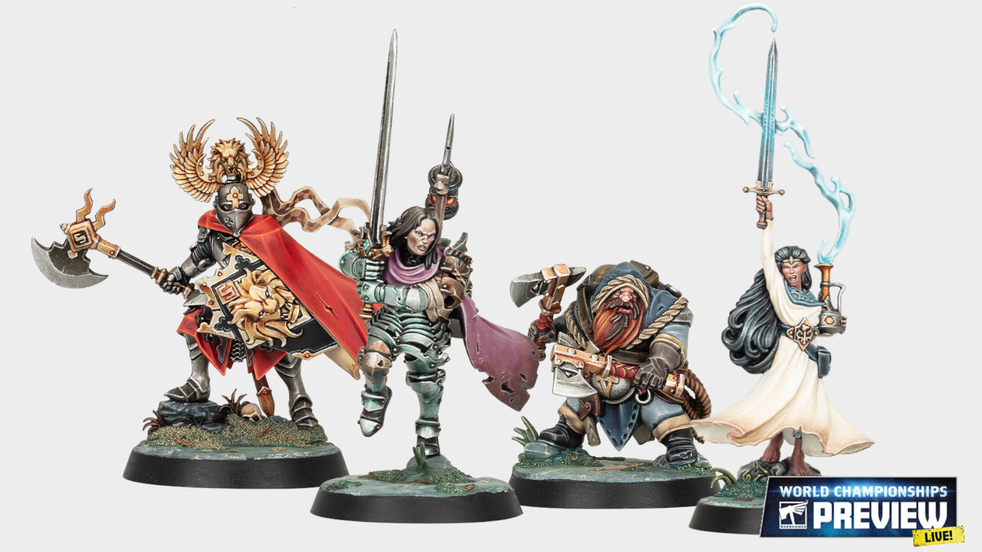Two knights, a dwarf with two axes, and a mage wielding water magic while holding a sword against a plain background, with a World Championships Preview logo in the bottom corner