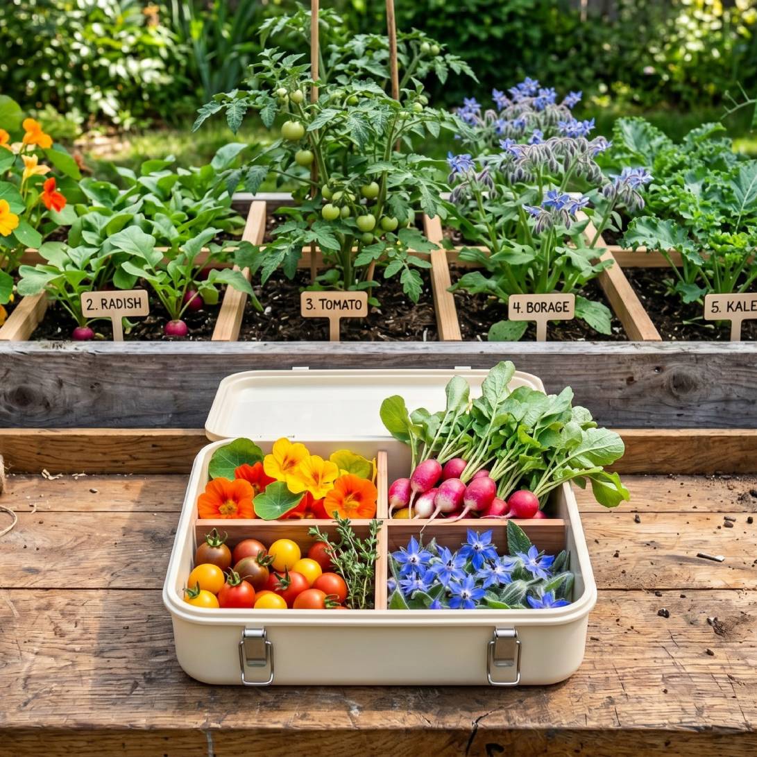 A bento box of borage, nasturtium, radish, and cherry tomatoes on a wooden bench in front of a raised garden bed