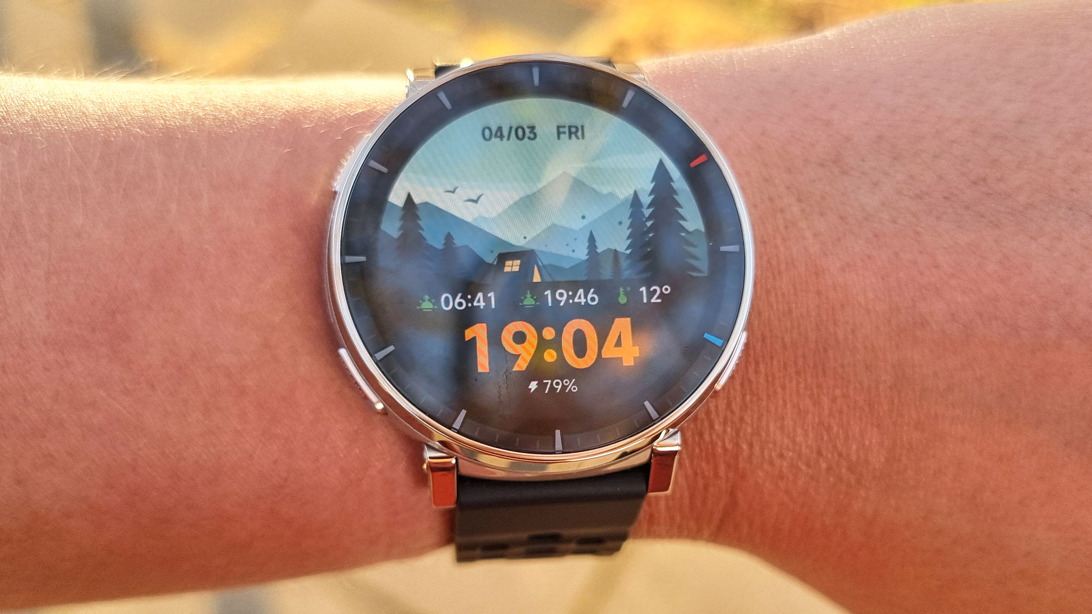 a close-up picture of our reviewer wearing the Amazfit Active 3 Premium smartwatch