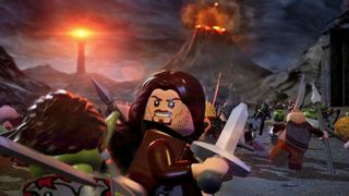 A lego Aragorn fighting an orc in front of Mount Doom during the Lego Lord of the Rings game.