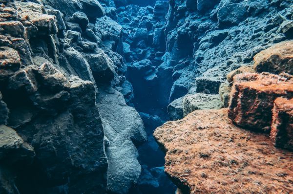 Silfra hall between two tectonic plates in the Thingvellir, Iceland.