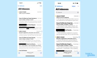 Mail inbox on iphone 12 running iOS 18.1 compared to inbox on iPhone 15 Pro running Apple Intelligence and featuring summaries