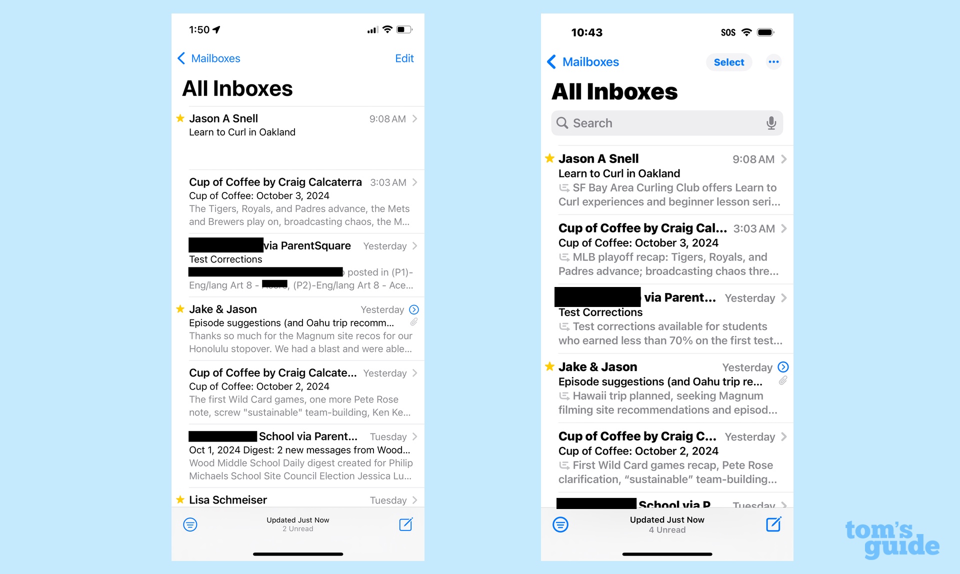 Mail inbox on iphone 12 running iOS 18.1 compared to inbox on iPhone 15 Pro running Apple Intelligence and featuring summaries